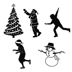 Christmas tree Santa Claus snowman and children silhouettes