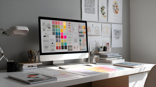 Designer working with color swatches at modern desk