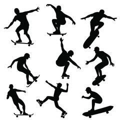 Eight black silhouettes of skateboarders performing tricks 2