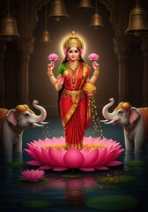 Illustration of goddess lakshmi standing on a lotus flower with elephants in a temple setting