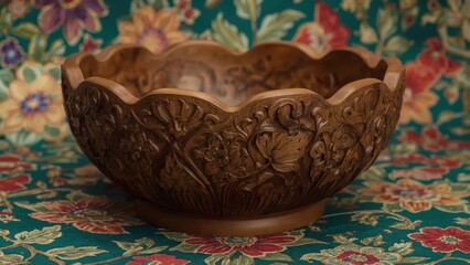 Beautifully Carved Wooden Bowl with Intricate Floral and Leafy Designs