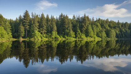 Forest trees reflect on calm lake water under blue sky with clouds
