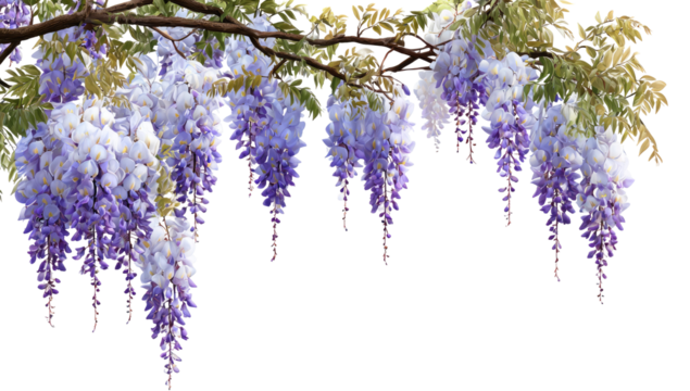 Wisteria blossoms cascade from branches