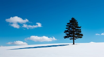 Lone Pine on Pristine Snow, Cerulean Sky and Fluffy Clouds, Stark Shadows in Winter Light, Vast Snowy Expanse Serenity, Crisp Contrast in Minimalist Landscape