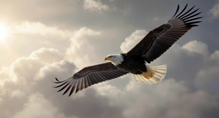 Obraz premium Majestic bald eagle soaring with wide wings against cloudy sky