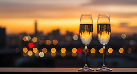 Champagne Flutes at Sunset, Sparkling Bubbles in Focus, Blurred City Skyline Glow, Warm Golden Evening Light, Romantic Toast on Balcony