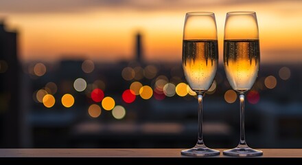Champagne Flutes at Sunset, Sparkling Bubbles in Focus, Blurred City Skyline Glow, Warm Golden Evening Light, Romantic Toast on Balcony