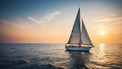 Fototapeta premium Sailboat with white sails on calm sea during warm sunset light