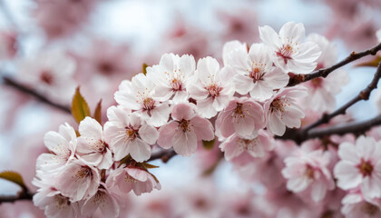 Obraz premium Cherry blossom flower branch with soft pink petals in spring