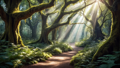Naklejka premium Magical forest path with sunlight streaming through mossy trees