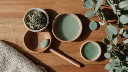 A serene flat lay composition promoting wellness and self care with natural cosmetic ingredients like green clay and eucalyptus on a wooden surface.