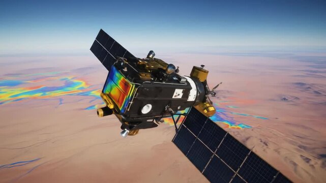 Satellite Orbiting Earth Over Desert Landscape Showing Thermal Data