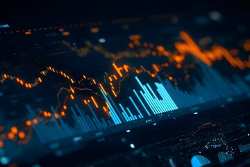 Close-up of digital financial charts and graphs on a dark blue background, with orange accents. Data visualization, charts, and graphics.