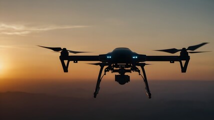 Fototapeta premium Black Drone Flying During Sunset with Glowing Lights Over Mountain Horizon
