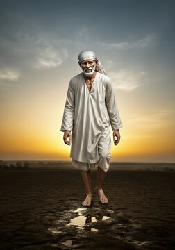Sai baba walking on a field at sunset, symbolizing spiritual journey and connection with nature