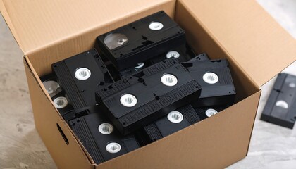 Cardboard box overflowing with VHS tapes (2)