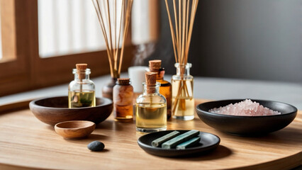 Aromatherapy essentials for a relaxing self care routine with essential oils, bath salts, and reed diffusers on a wooden tray.