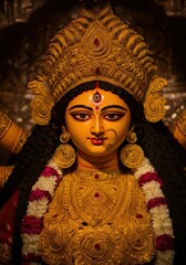 Close up of goddess durga idol with golden ornaments during durga puja festival celebration in india
