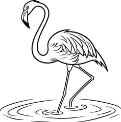 Minimalist line art flamingo standing gracefully in shallow water