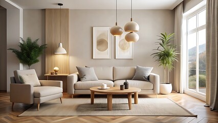 Modern Beige Living Room with Pendant Lights