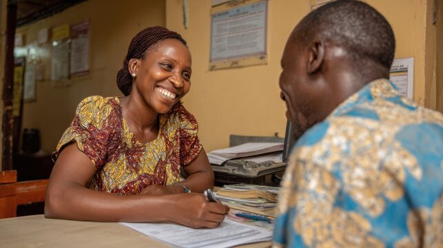 A microfinance officer engages with a client across the desk explaining loan terms and repayment options in a welcoming branch office environment.