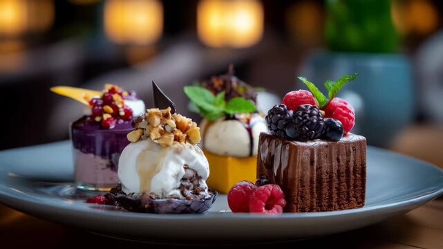 Exquisite display of various desserts beautifully arranged on a plate, with fresh berries and cream