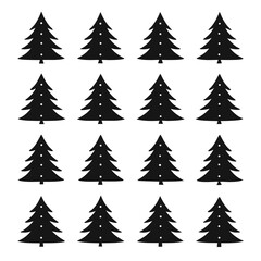 Twelve black stylized christmas trees with white dots