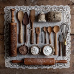 Rustic kitchen tools, flour, woodenware, lace cloth, table.  Possible use Cookbook