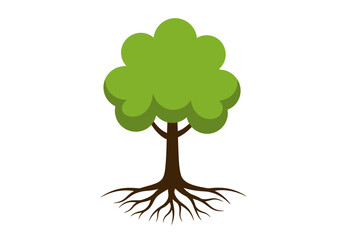 Flat design illustration of a simple green tree with a strong, visible root system. A symbol of nature, growth, and ecology.