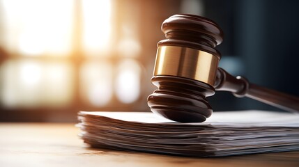 Wooden gavel resting on a stack of documents.