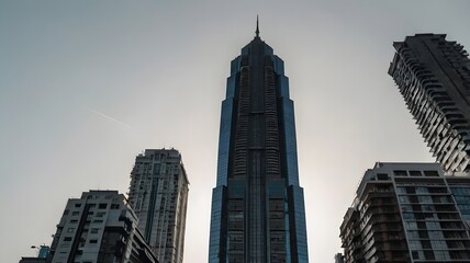 Fototapeta premium Tall Modern Skyscraper Tower in Cityscape Surrounded by High-rise Buildings