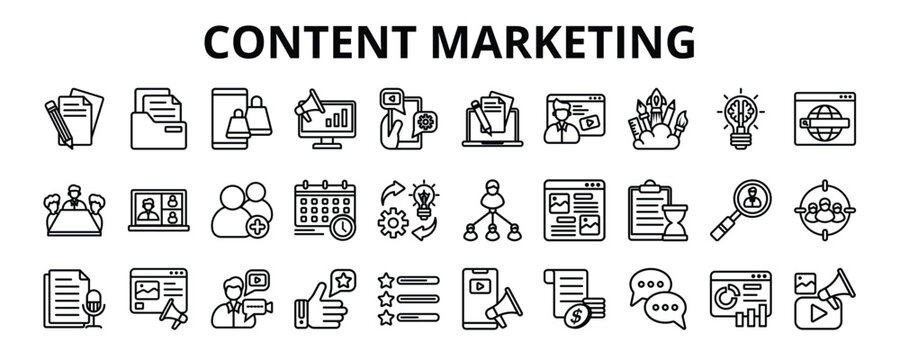 30 Content Marketing Line Icons Vector - writing, creativity, idea, affiliate marketing, content creator, storytelling, rating, analytics, video, target audience - Powered by Adobe