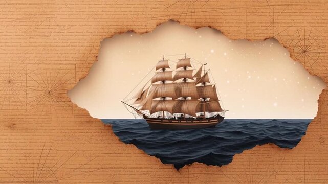 Documentary Style Slave Trade Illustration Vintage Ship Sailing Through Torn Paper Ocean Scene, International Day For The Abolition of Slavery Concept