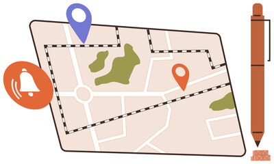 Map with marked pins, route path, notification bell for alerts, and pen representing planning. Ideal for navigation, route tracking, travel planning, logistics, delivery location-based services