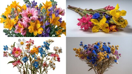 A four-panel image showcasing vibrant bouquets of wildflowers in various stages of bloom, featuring a mix of yellows, pinks, blues, and whites against contrasting white and gray backgrounds