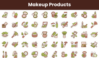 A colorful array of makeup products including compacts, brushes, and accessories, featuring earthy tones and leaf accents for a natural vibe.