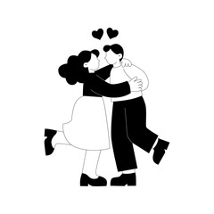 Couple embracing in a romantic black and white illustration.