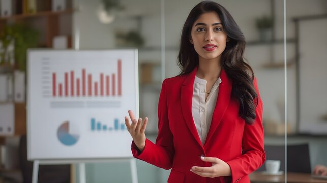 Indian woman in red blazer presenting data charts