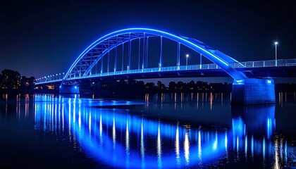 Obraz premium Illuminated Bridge at Night, showcasing modern architecture and vibrant blue light design creating