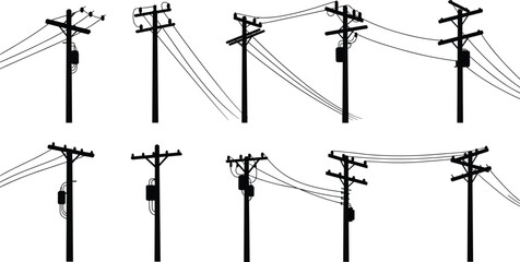 Electric utility pole silhouette vector set, black power line illustrations, cable structure design, transmission pole clipart, urban infrastructure elements collection