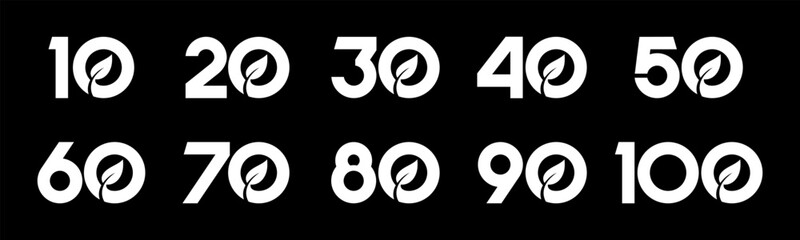 Set of collection numbers 10 to 100 with nature leaf vector illustration. Leaves with numbers 10, 20, 30, 40, 50, 60, 70, 80, 90, 100 for greetings, anniversary, discounts and more.
