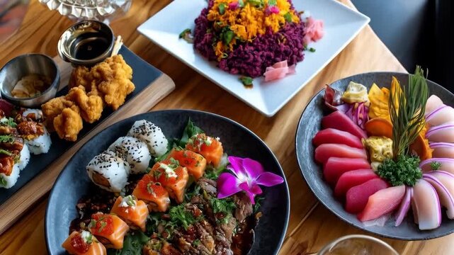 An array of beautifully arranged sushi dishes with a variety of ingredients, from a top angle on a wooden table 