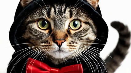 European cat wearing a stylish black hood and a vibrant red bow tie, gazing directly at the camera against a clean white background