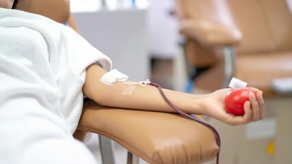 Close-up of a person's arm during a blood donation procedure in a medical facility.