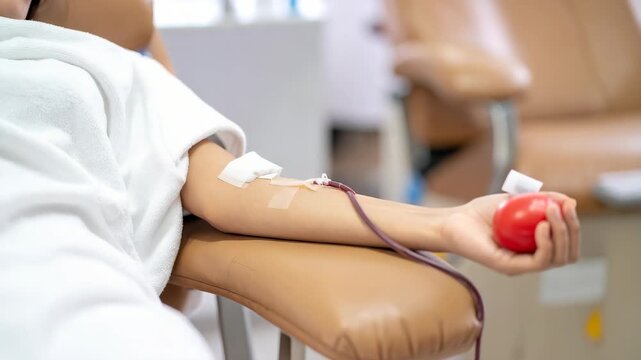 Close-up of a person's arm during a blood donation procedure in a medical facility.