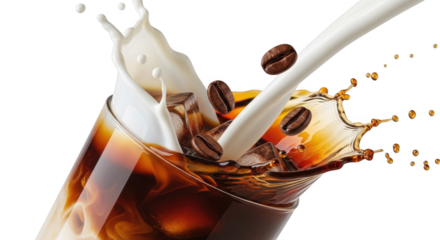 Refreshing Cold Brew Coffee Splash PNG with Creamy Milk and Beans