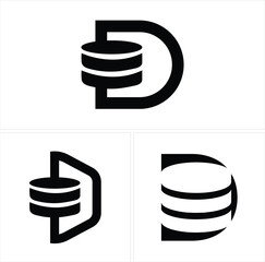 Monochromatic Abstract Logos Featuring Stylized Letter D and Database Icons Symbolic of Technology and Data Management Solutions
