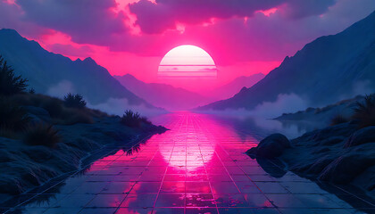 Synthwave sunset reflecting on a wet, grid-textured virtual landscape after a rain, neon reflections, vaporwave style, pink and blue hues.