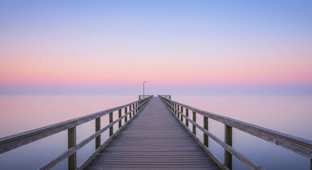 Obraz premium A long pier stretching into a misty sea at dawn, surrounded by soft pastel tones