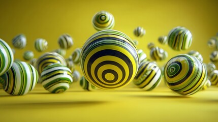 Colorful spheres in mid-air against a bright yellow background.